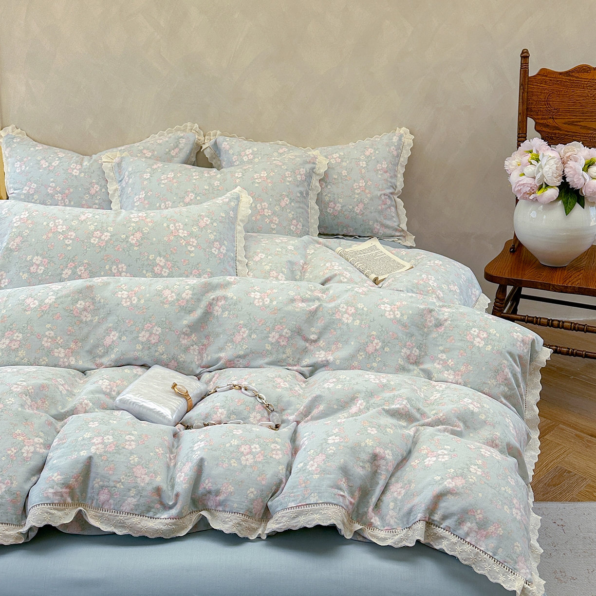 麦伦家居 2025新款A类全棉有氧双层纱印花系列四件套-镂空系列 苍兰