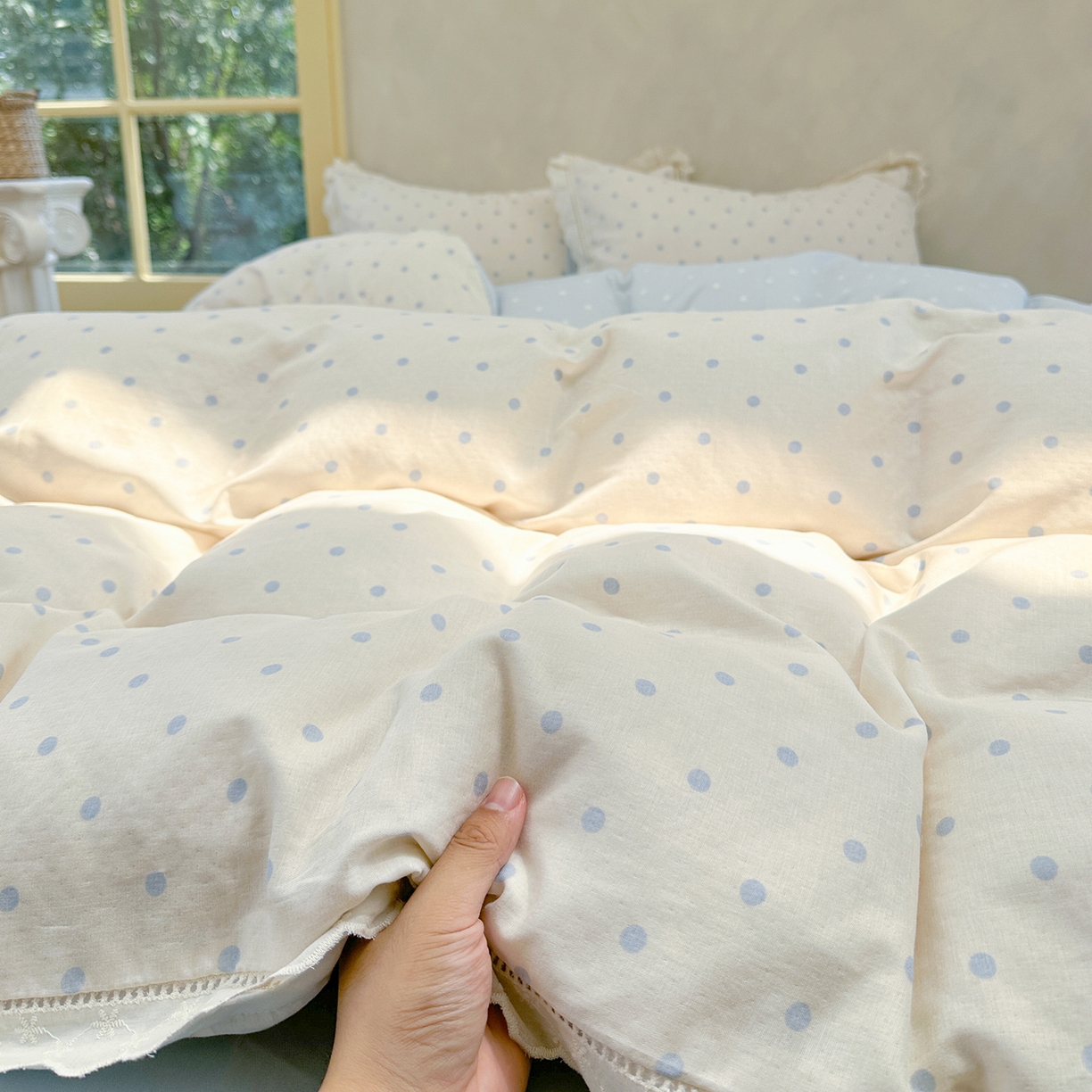 91家纺网 家纺一手货源 找家纺 麦伦家居 2025新款A类全棉有氧双层纱印花系列四件套-镂空系列 海盐