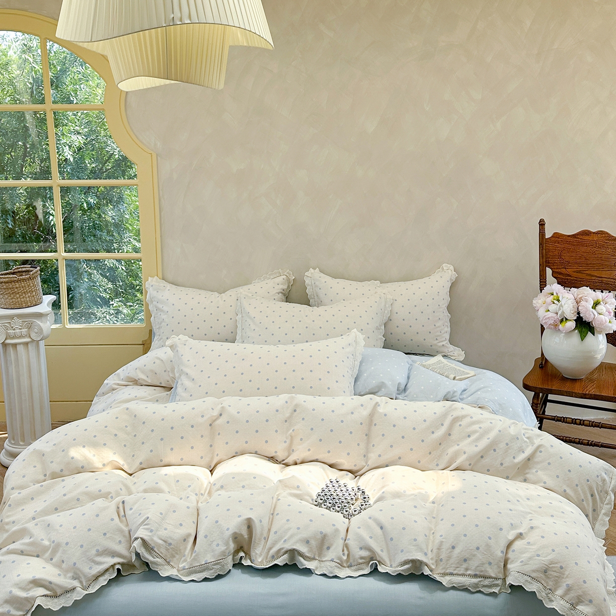 91家纺网 家纺一手货源 找家纺 麦伦家居 2025新款A类全棉有氧双层纱印花系列四件套-镂空系列 海盐