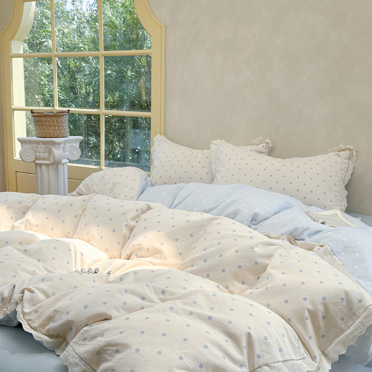 91家纺网 家纺一手货源 找家纺 麦伦家居 2025新款A类全棉有氧双层纱印花系列四件套-镂空系列 海盐