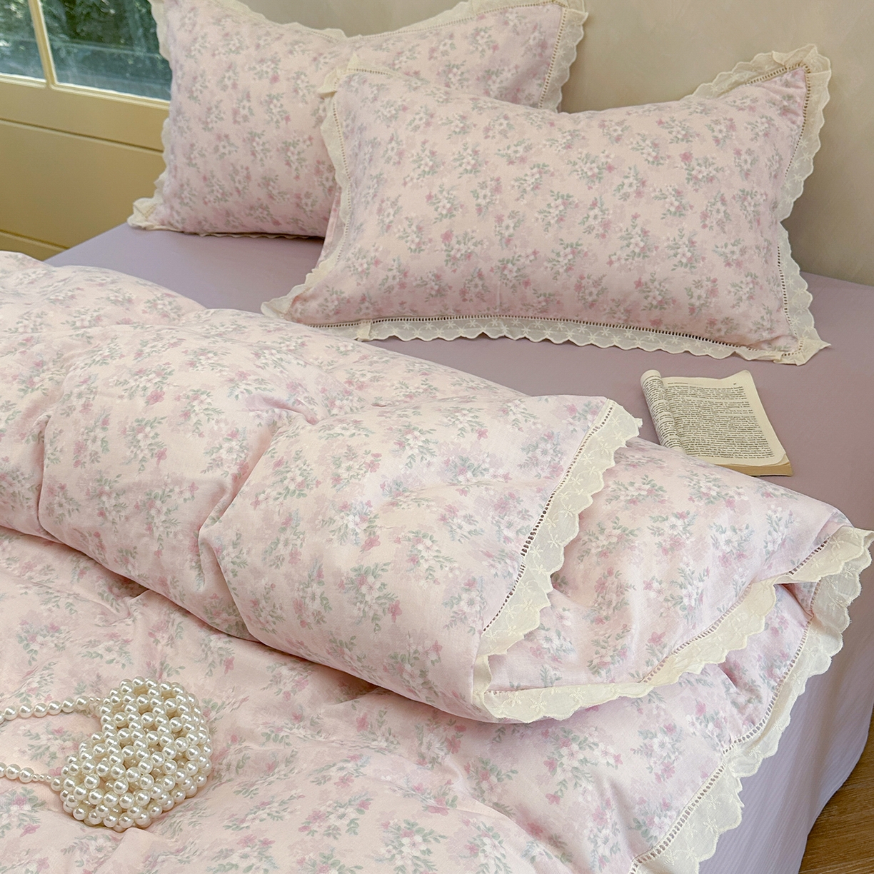 91家纺网 家纺一手货源 找家纺 麦伦家居 2025新款A类全棉有氧双层纱印花系列四件套-镂空系列 梨花