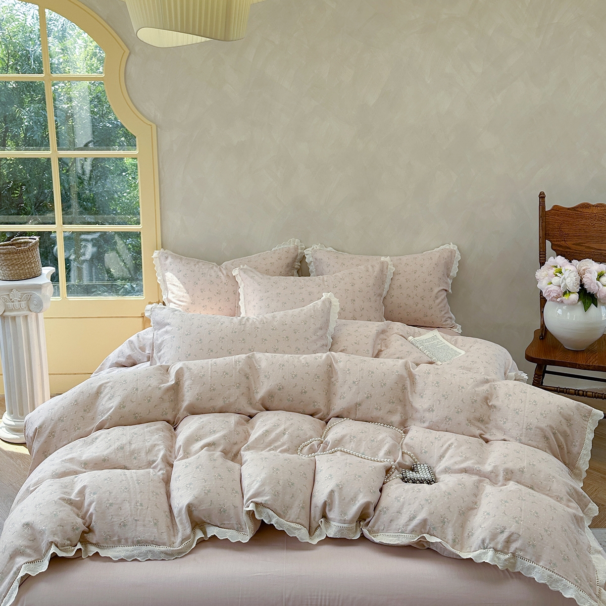 91家纺网 家纺一手货源 找家纺 麦伦家居 2025新款A类全棉有氧双层纱印花系列四件套-镂空系列 洛丽丝桔