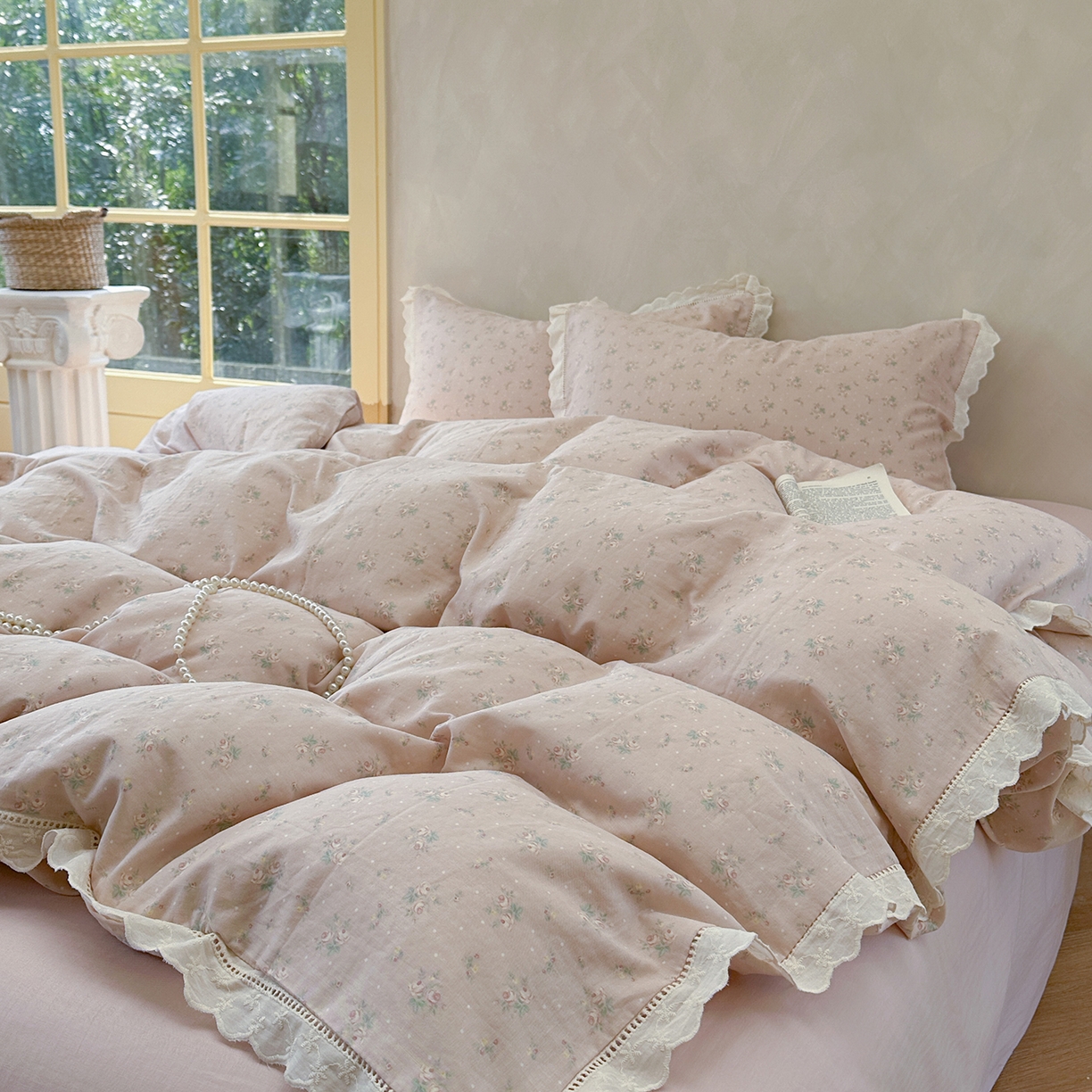 91家纺网 家纺一手货源 找家纺 麦伦家居 2025新款A类全棉有氧双层纱印花系列四件套-镂空系列 洛丽丝桔