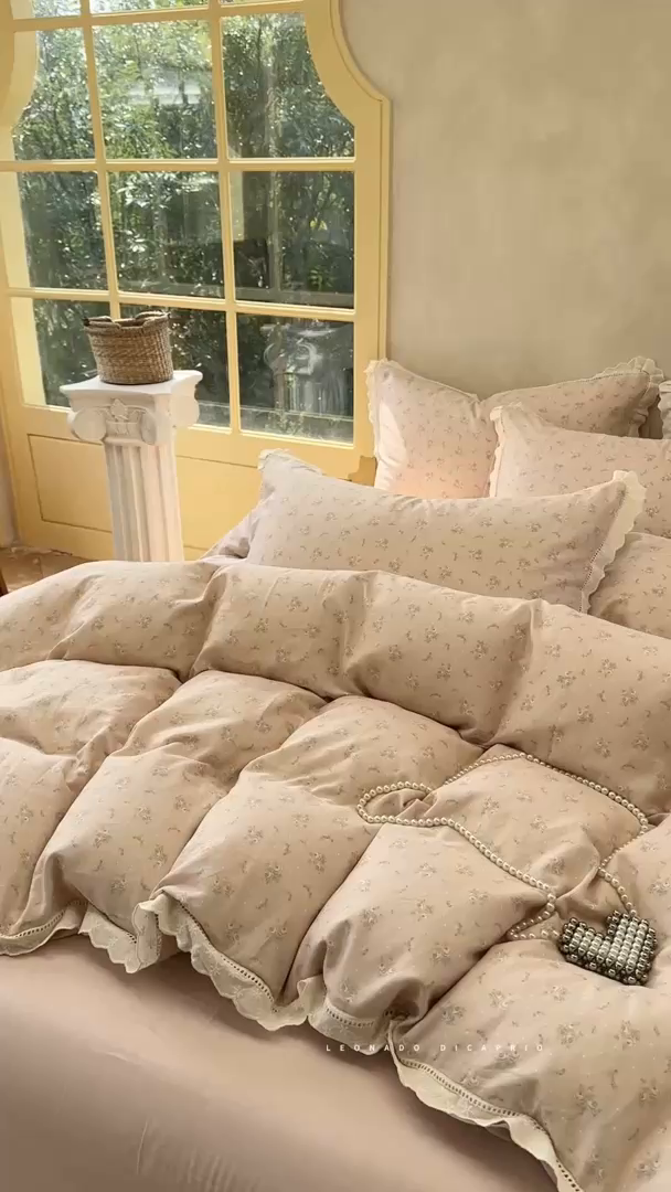 91家纺网 家纺一手货源 找家纺 麦伦家居 2025新款A类全棉有氧双层纱印花系列四件套-镂空系列 洛丽丝桔