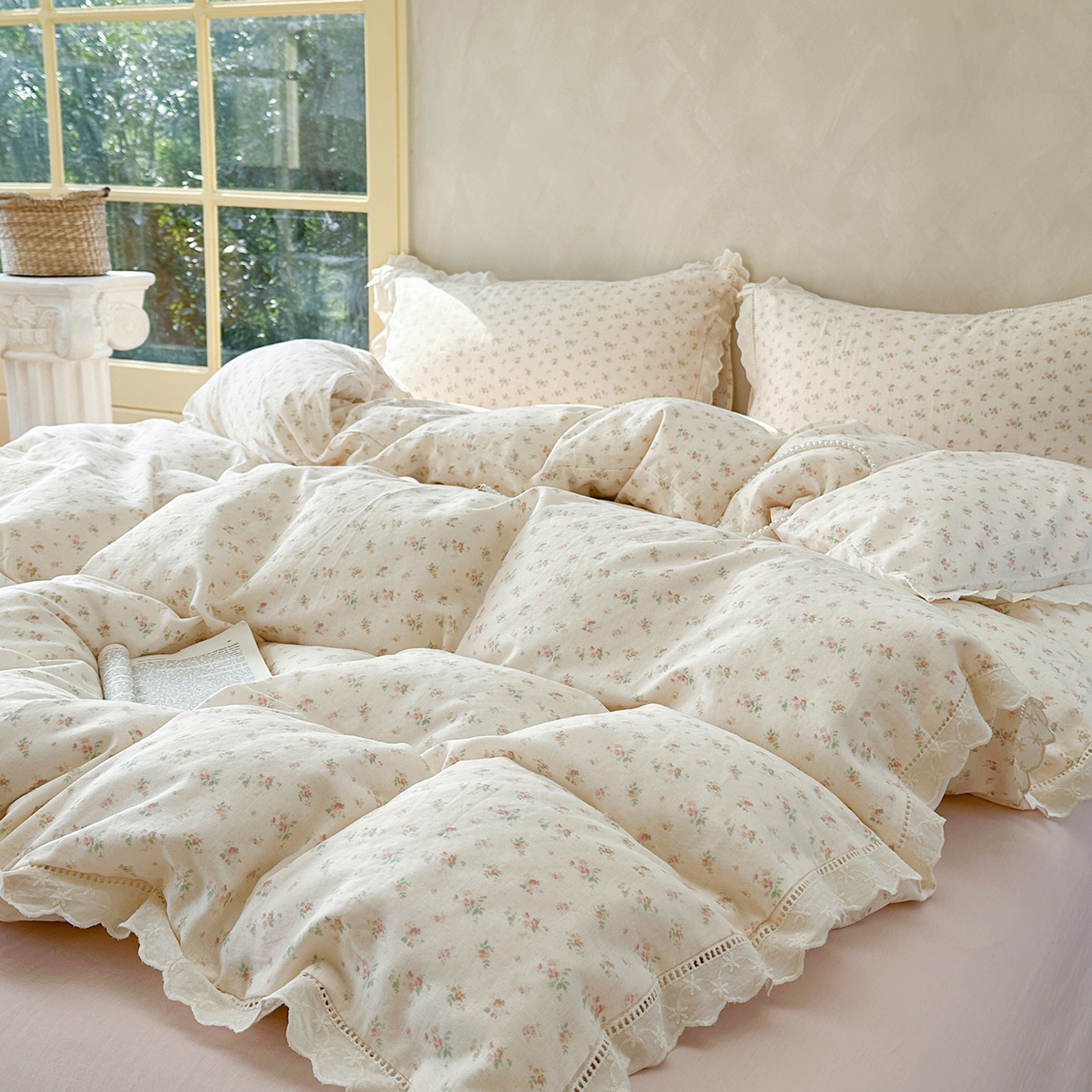 91家纺网 家纺一手货源 找家纺 麦伦家居 2025新款A类全棉有氧双层纱印花系列四件套-镂空系列 漫语米