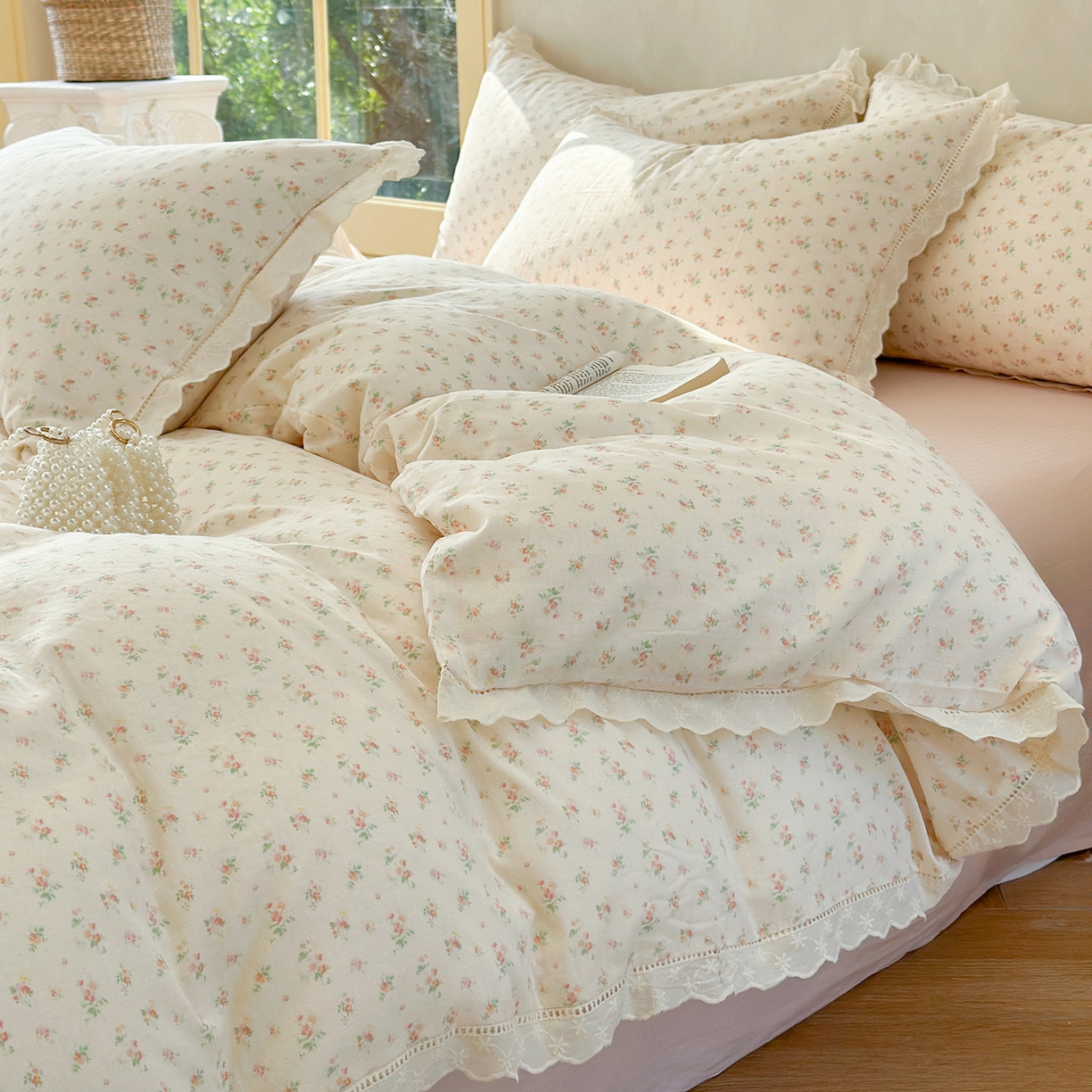 91家纺网 家纺一手货源 找家纺 麦伦家居 2025新款A类全棉有氧双层纱印花系列四件套-镂空系列 漫语米