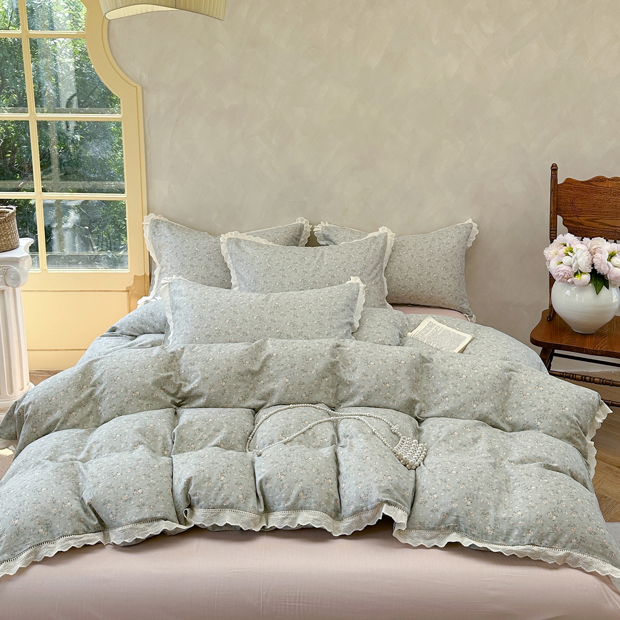 91家纺网 家纺一手货源 找家纺 麦伦家居 2025新款A类全棉有氧双层纱印花系列四件套-镂空系列 星奈绿