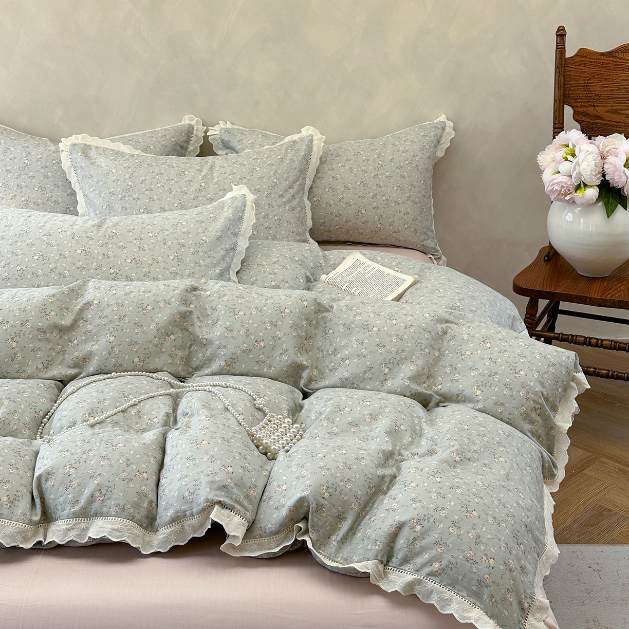 麦伦家居 2025新款A类全棉有氧双层纱印花系列四件套-镂空系列 星奈绿