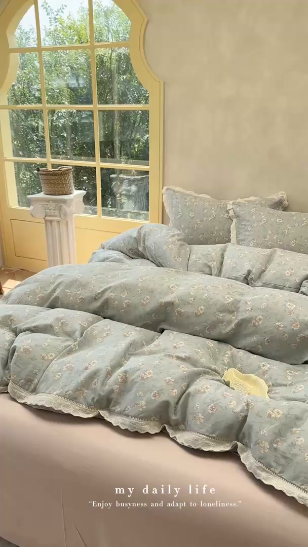 91家纺网 家纺一手货源 找家纺 麦伦家居 2025新款A类全棉有氧双层纱印花系列四件套-镂空系列 云棠兰