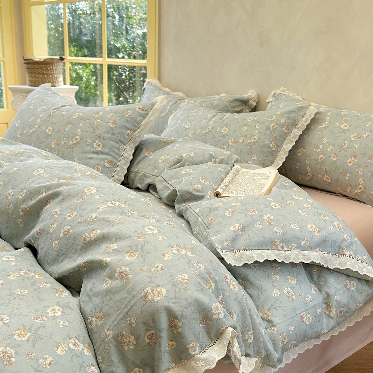 91家纺网 家纺一手货源 找家纺 麦伦家居 2025新款A类全棉有氧双层纱印花系列四件套-镂空系列 云棠兰