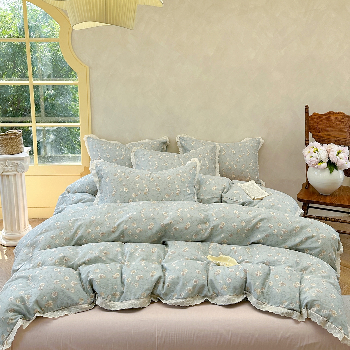 91家纺网 家纺一手货源 找家纺 麦伦家居 2025新款A类全棉有氧双层纱印花系列四件套-镂空系列 云棠兰