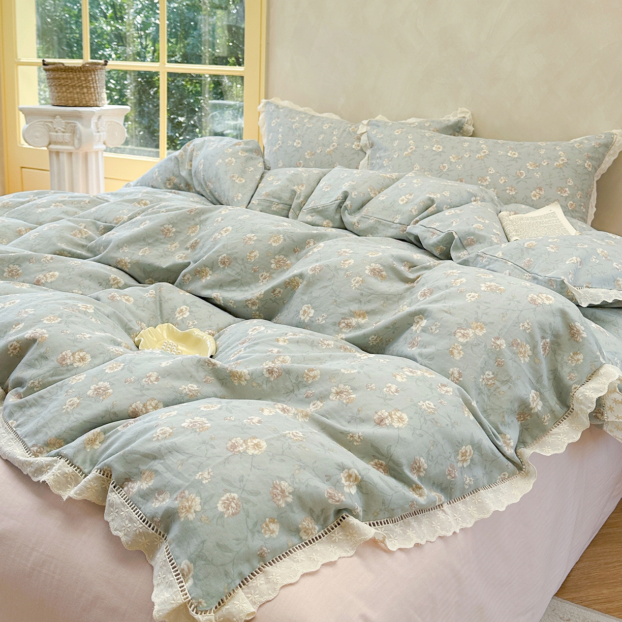 91家纺网 家纺一手货源 找家纺 麦伦家居 2025新款A类全棉有氧双层纱印花系列四件套-镂空系列 云棠兰