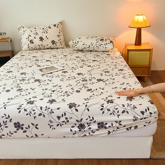 91家纺网 家纺一手货源 找家纺 麦乐迪 2025新款130克高克重仿棉印花单床笠 婉花漫布-米灰