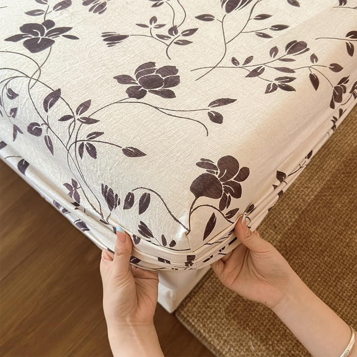 91家纺网 家纺一手货源 找家纺 麦乐迪 2025新款130克高克重仿棉印花单床笠 婉花漫布-米灰