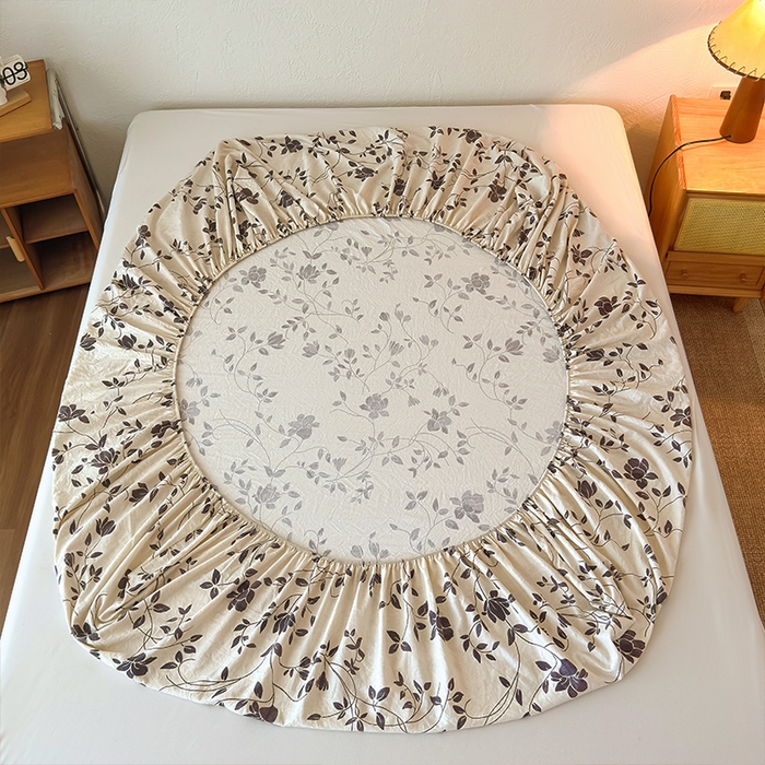 91家纺网 家纺一手货源 找家纺 麦乐迪 2025新款130克高克重仿棉印花单床笠 婉花漫布-米灰