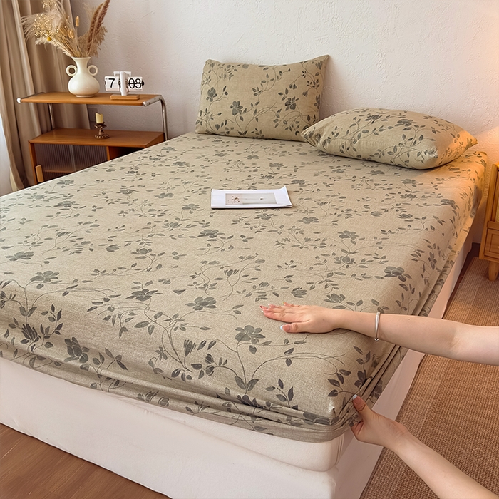 91家纺网 家纺一手货源 找家纺 麦乐迪 2025新款130克高克重仿棉印花单床笠 婉花漫布-灰绿