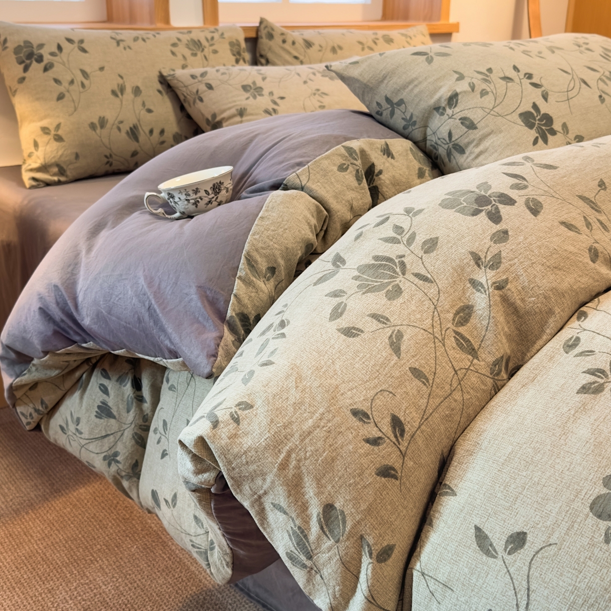 91家纺网 家纺一手货源 找家纺 麦乐迪 2025新款10A抗菌加厚磨毛印花四件套（提供买家秀） 婉花漫布-灰绿