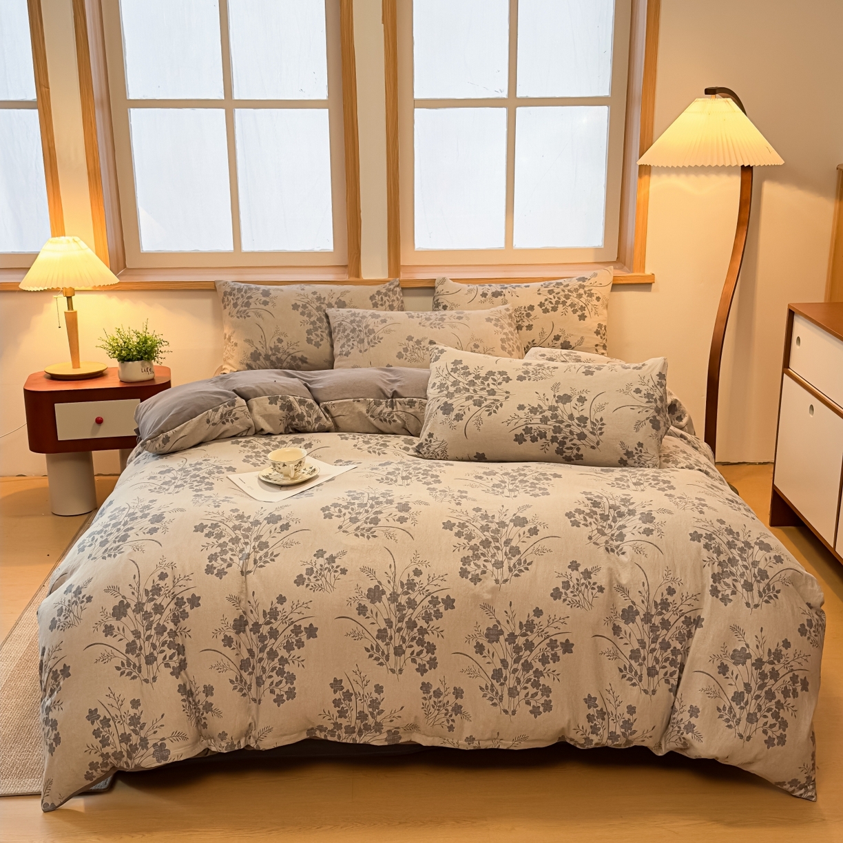 91家纺网 家纺一手货源 找家纺 麦乐迪 2025新款10A抗菌加厚磨毛印花四件套（提供买家秀） 锦云花簇-灰