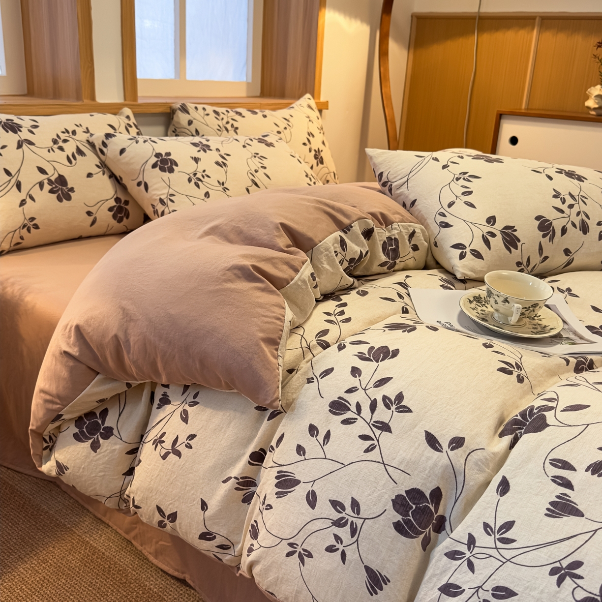 91家纺网 家纺一手货源 找家纺 麦乐迪 2025新款10A抗菌加厚磨毛印花四件套（提供买家秀） 婉花漫布-米灰