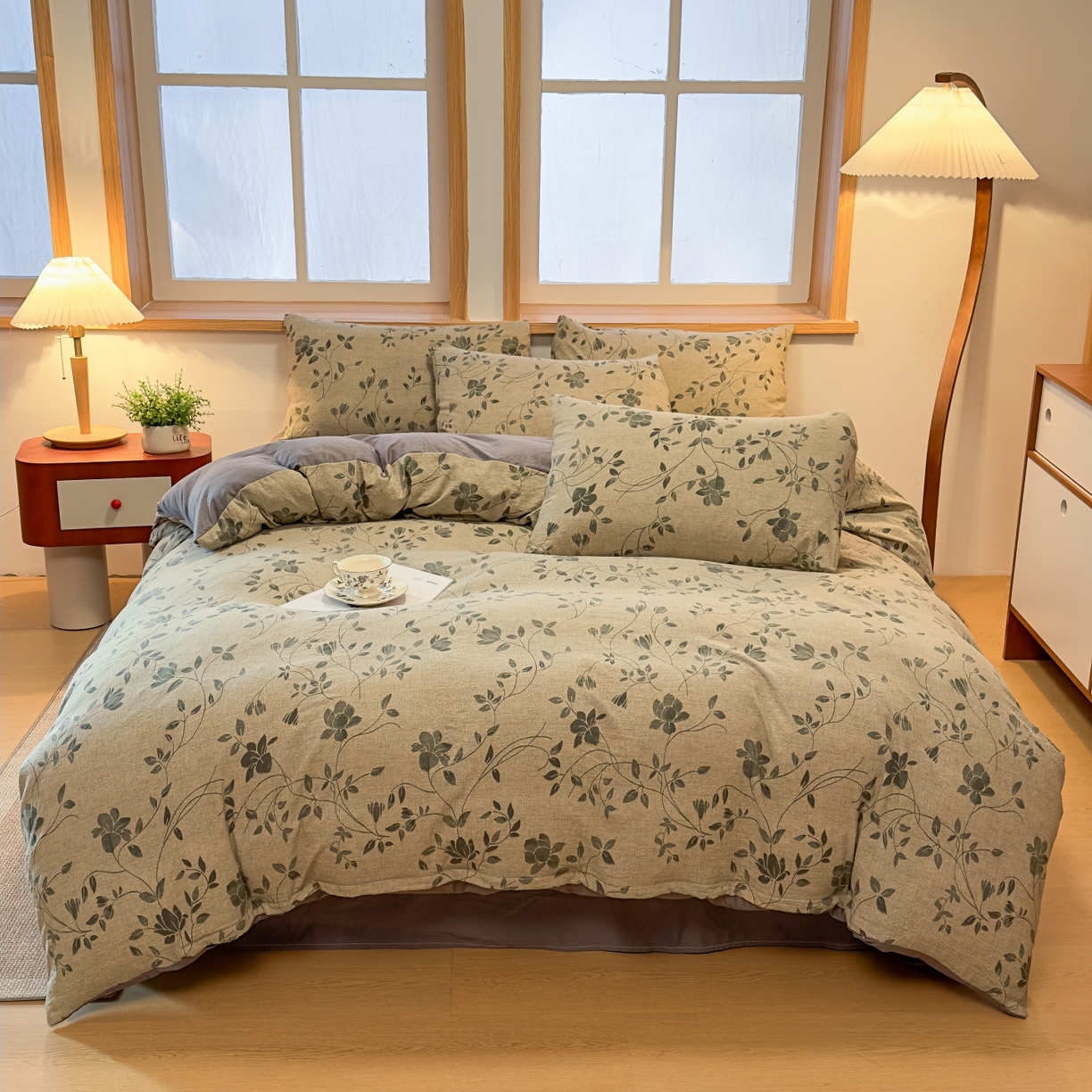 91家纺网 家纺一手货源 找家纺 麦乐迪 2025新款10A抗菌加厚磨毛印花四件套（提供买家秀） 婉花漫布-灰绿