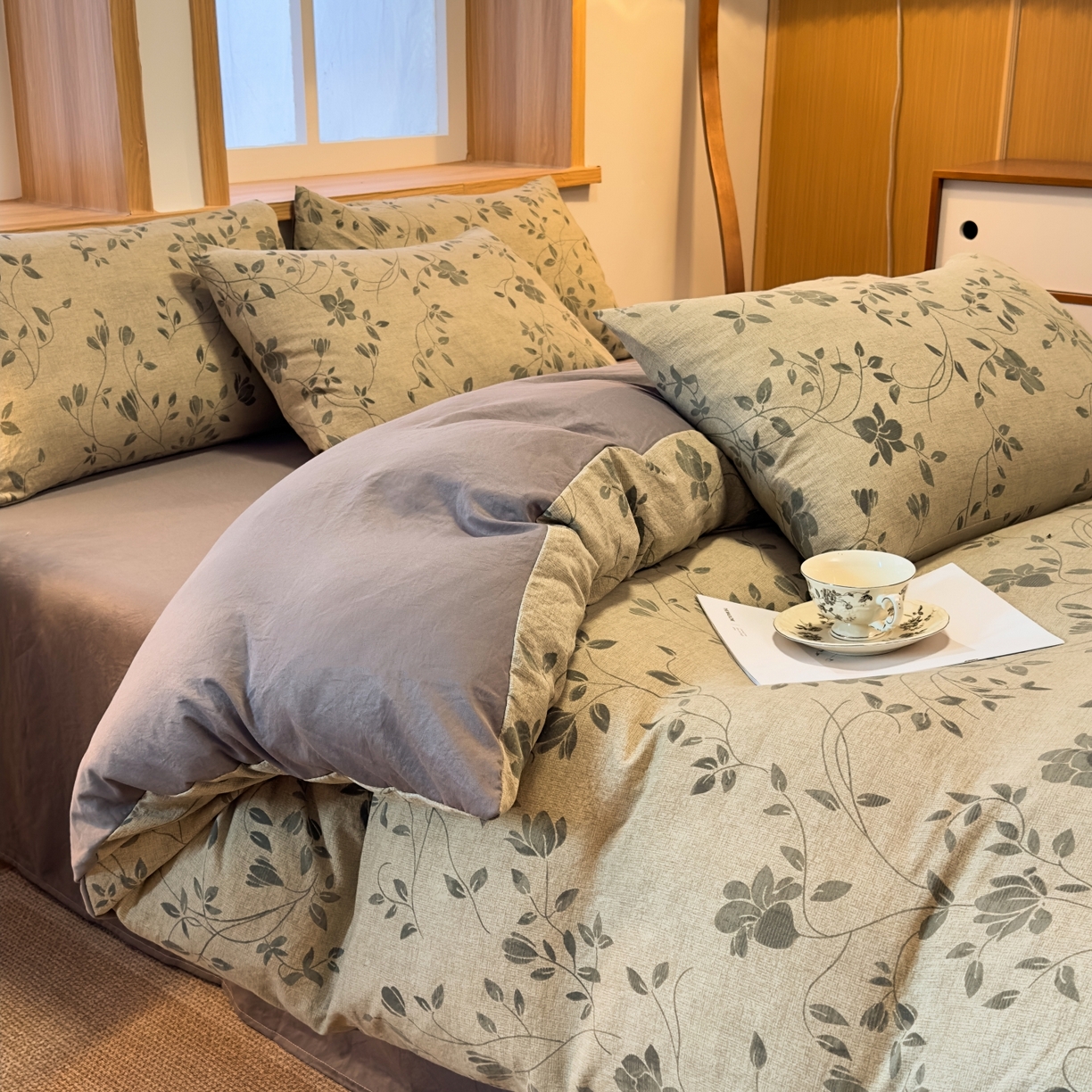 91家纺网 家纺一手货源 找家纺 麦乐迪 2025新款10A抗菌加厚磨毛印花四件套（提供买家秀） 婉花漫布-灰绿