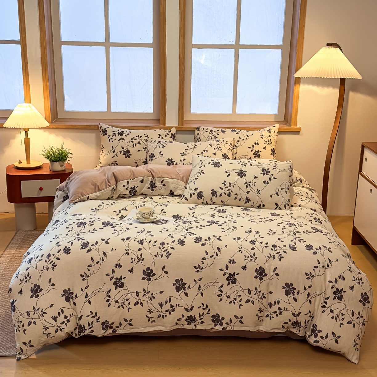 91家纺网 家纺一手货源 找家纺 麦乐迪 2025新款10A抗菌加厚磨毛印花四件套（提供买家秀） 婉花漫布-米灰