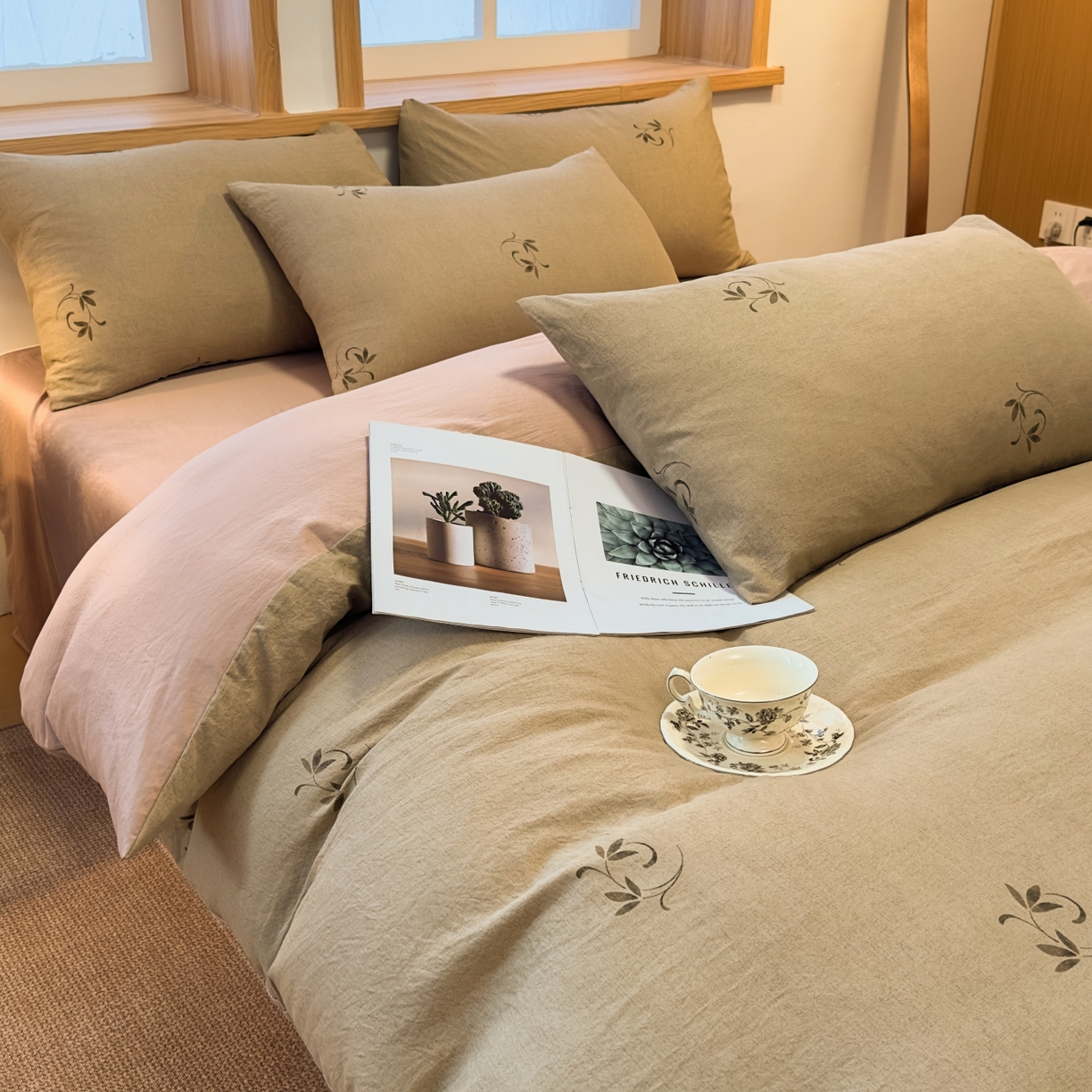 91家纺网 家纺一手货源 找家纺 麦乐迪 2025新款10A抗菌加厚磨毛印花四件套（提供买家秀） 棕枝点韵