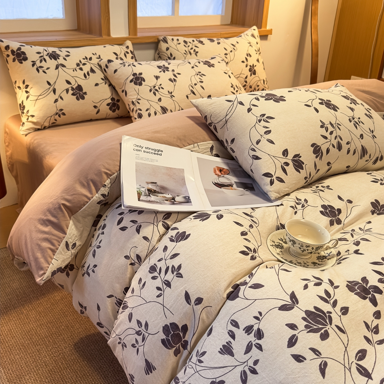 91家纺网 家纺一手货源 找家纺 麦乐迪 2025新款10A抗菌加厚磨毛印花四件套（提供买家秀） 婉花漫布-米灰