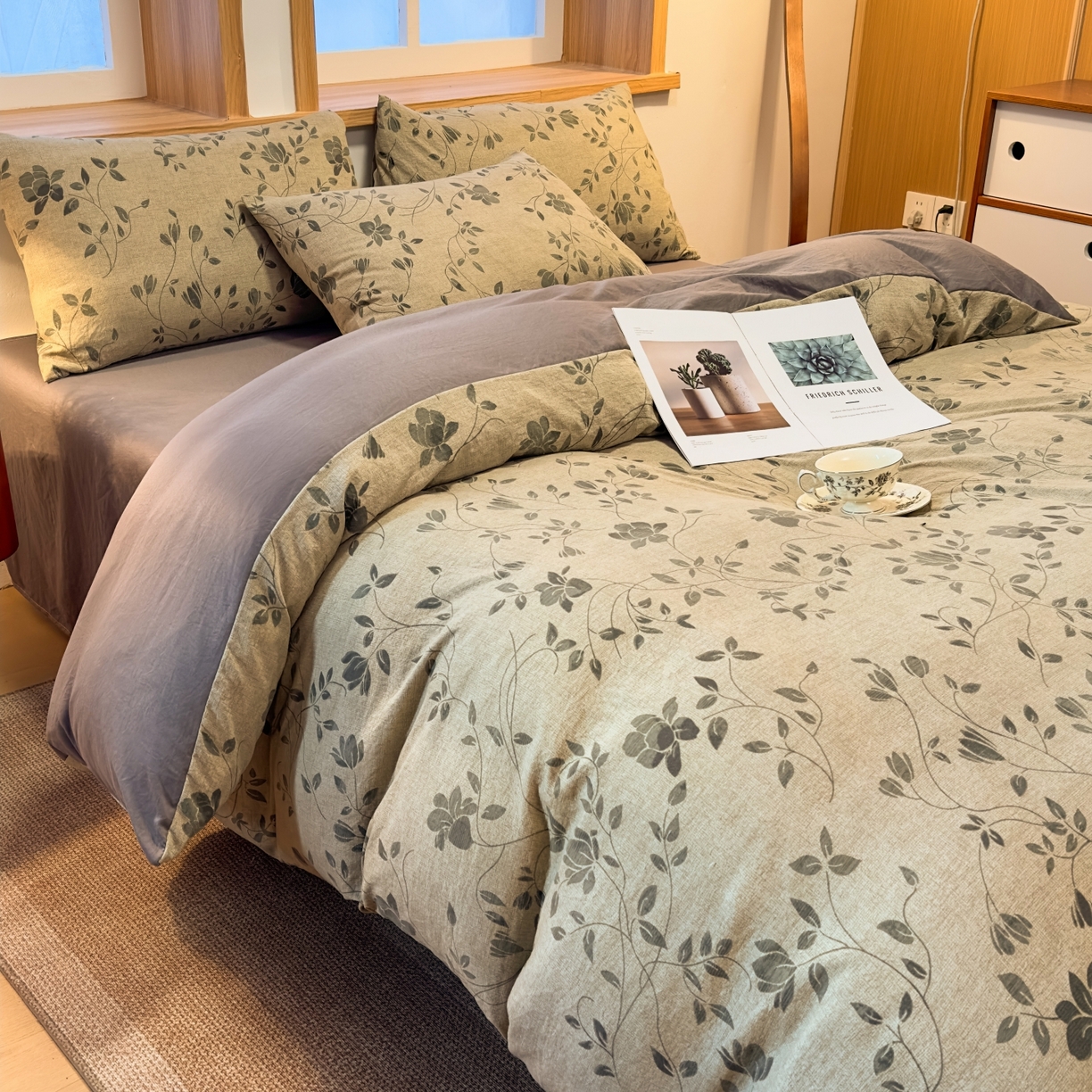 91家纺网 家纺一手货源 找家纺 麦乐迪 2025新款10A抗菌加厚磨毛印花四件套（提供买家秀） 婉花漫布-灰绿