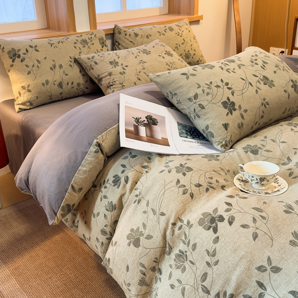 91家纺网 家纺一手货源 找家纺 麦乐迪 2025新款10A抗菌加厚磨毛印花四件套（提供买家秀） 婉花漫布-灰绿