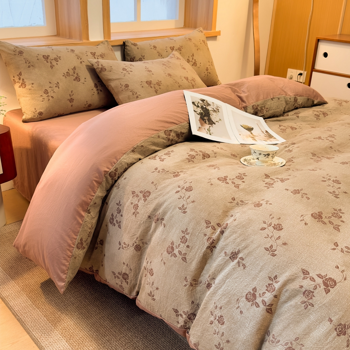 91家纺网 家纺一手货源 找家纺 麦乐迪 2025新款10A抗菌加厚磨毛印花四件套（提供买家秀） 玫瑰悠香-灰