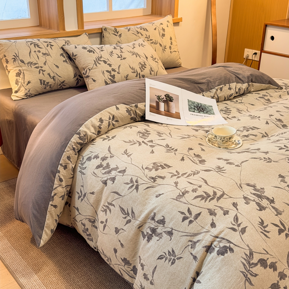 91家纺网 家纺一手货源 找家纺 麦乐迪 2025新款10A抗菌加厚磨毛印花四件套（提供买家秀） 灰铃垂枝