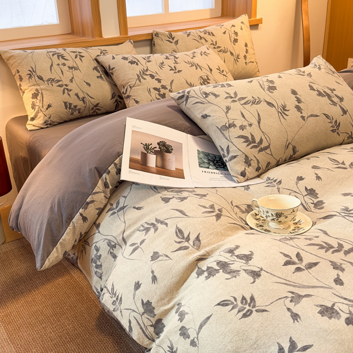 91家纺网 家纺一手货源 找家纺 麦乐迪 2025新款10A抗菌加厚磨毛印花四件套（提供买家秀） 灰铃垂枝