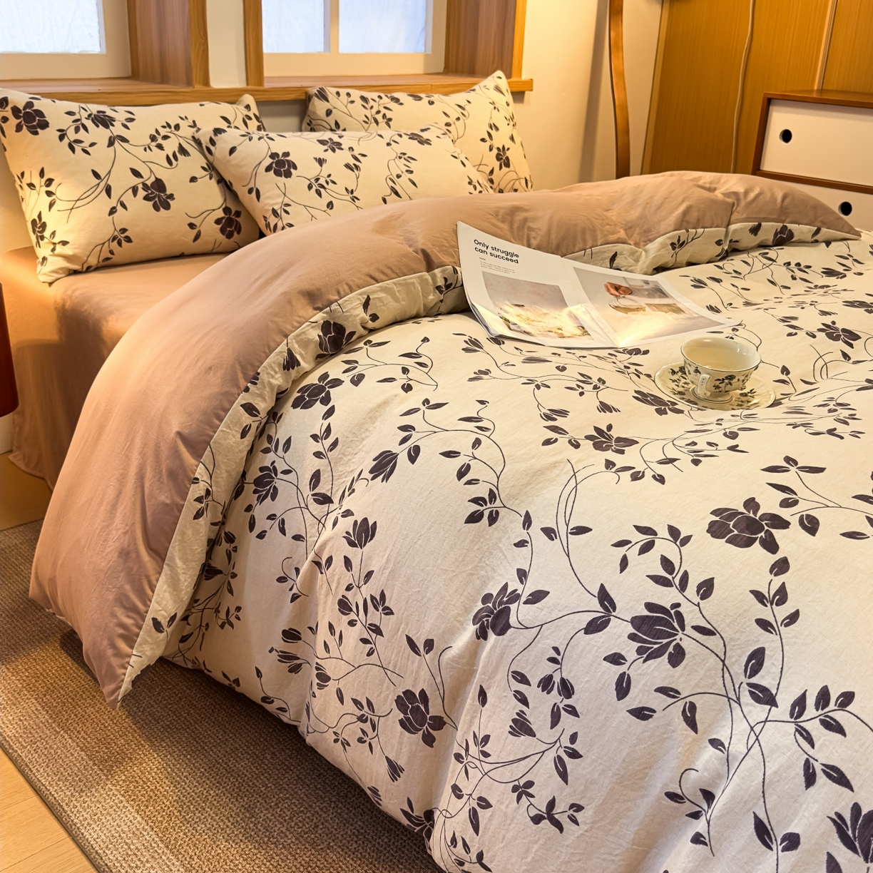 91家纺网 家纺一手货源 找家纺 麦乐迪 2025新款10A抗菌加厚磨毛印花四件套（提供买家秀） 婉花漫布-米灰