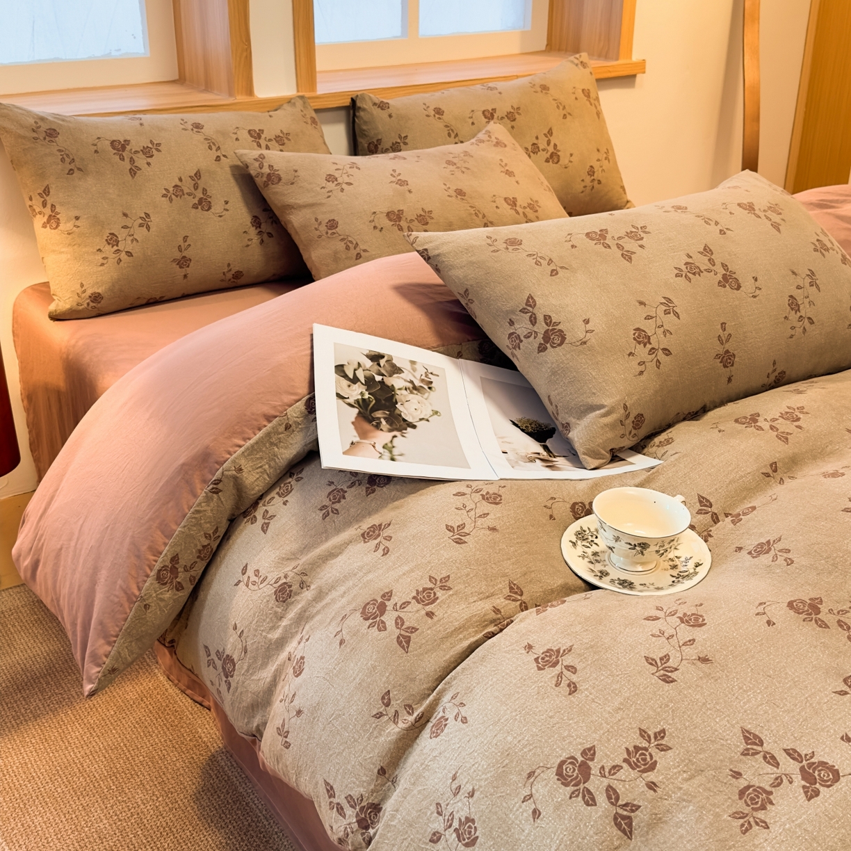 91家纺网 家纺一手货源 找家纺 麦乐迪 2025新款10A抗菌加厚磨毛印花四件套（提供买家秀） 玫瑰悠香-灰