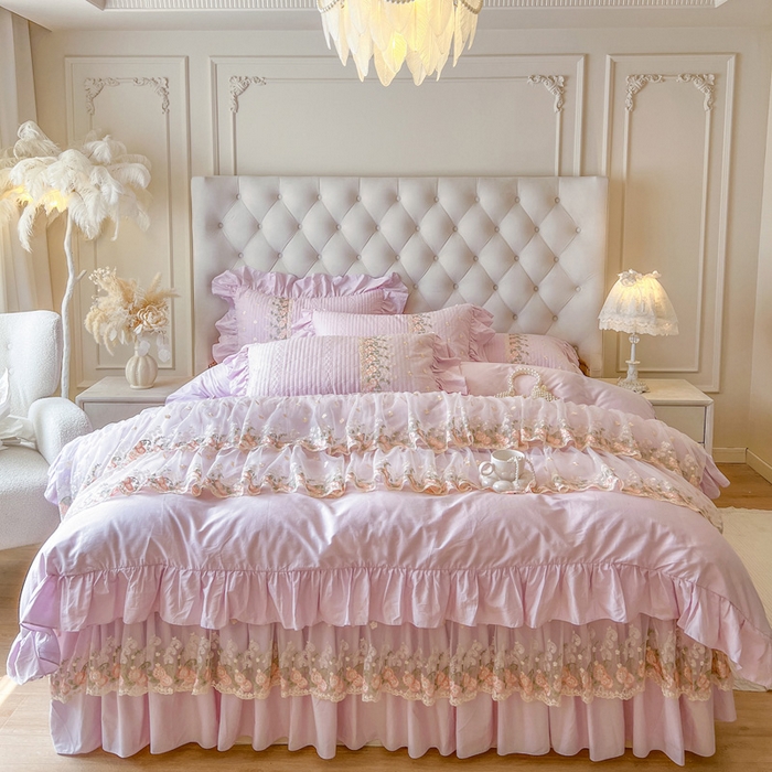 91家纺网 家纺一手货源 找家纺 （总）瑞宝 2025新款全棉花边床裙四件套系列-落日甜茶（控价308起）