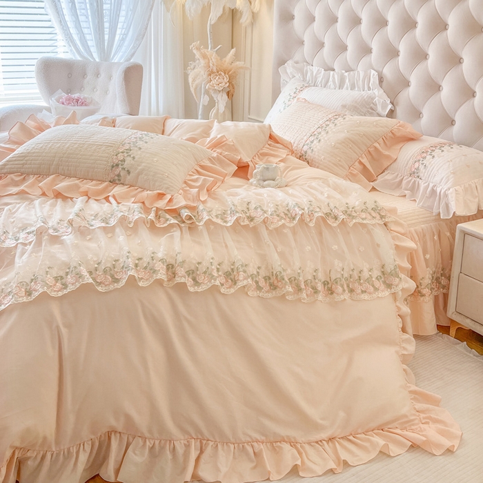 91家纺网 家纺一手货源 找家纺 瑞宝 2025新款全棉花边床裙四件套系列-落日甜茶（控价308起） 落日甜茶-梦幻玉