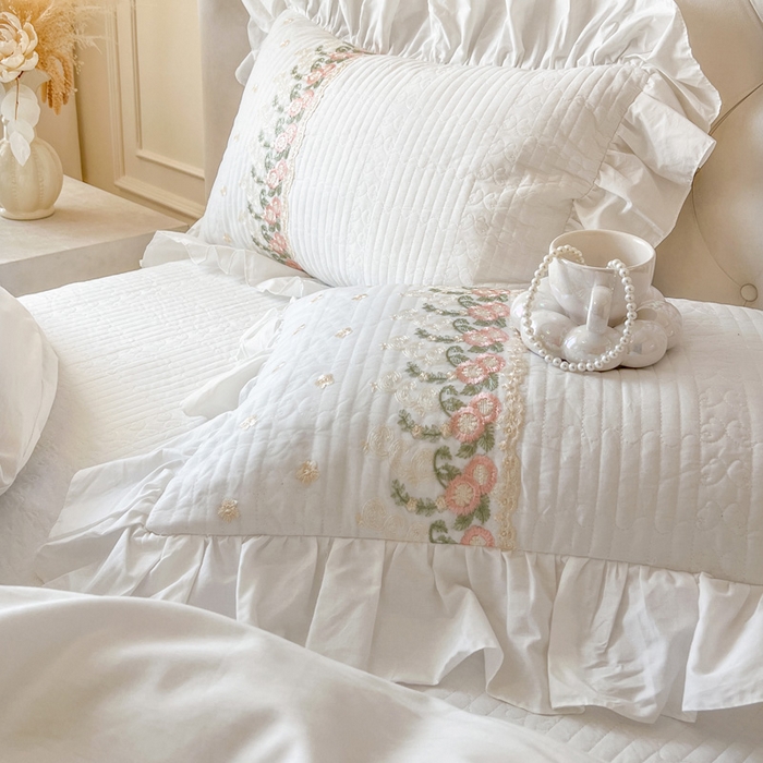 91家纺网 家纺一手货源 找家纺 瑞宝 2025新款全棉花边床裙四件套系列-落日甜茶（控价308起） 落日甜茶-奶油白