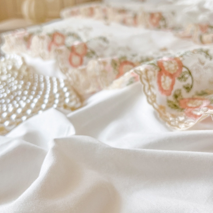 91家纺网 家纺一手货源 找家纺 瑞宝 2025新款全棉花边床裙四件套系列-落日甜茶（控价308起） 落日甜茶-奶油白