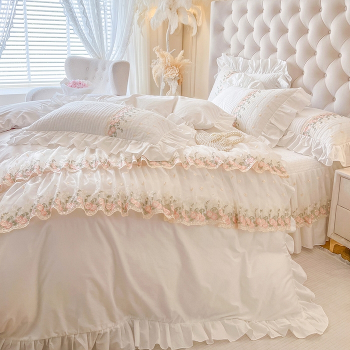 91家纺网 家纺一手货源 找家纺 瑞宝 2025新款全棉花边床裙四件套系列-落日甜茶（控价308起） 落日甜茶-奶油白