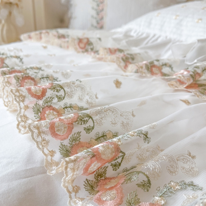 91家纺网 家纺一手货源 找家纺 瑞宝 2025新款全棉花边床裙四件套系列-落日甜茶（控价308起） 落日甜茶-奶油白