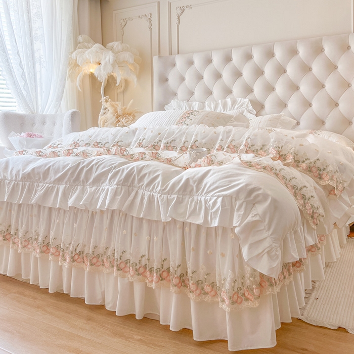 91家纺网 家纺一手货源 找家纺 瑞宝 2025新款全棉花边床裙四件套系列-落日甜茶（控价308起） 落日甜茶-奶油白