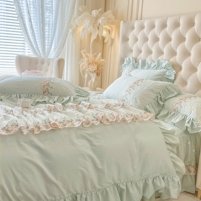 91家纺网 家纺一手货源 找家纺 瑞宝 2025新款全棉花边床裙四件套系列-落日甜茶（控价308起） 落日甜茶-青柠绿
