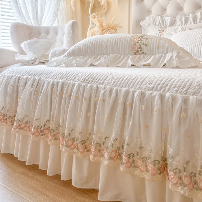 91家纺网 家纺一手货源 找家纺 瑞宝 2025新款全棉花边床裙四件套系列-落日甜茶（控价308起） 落日甜茶-奶油白