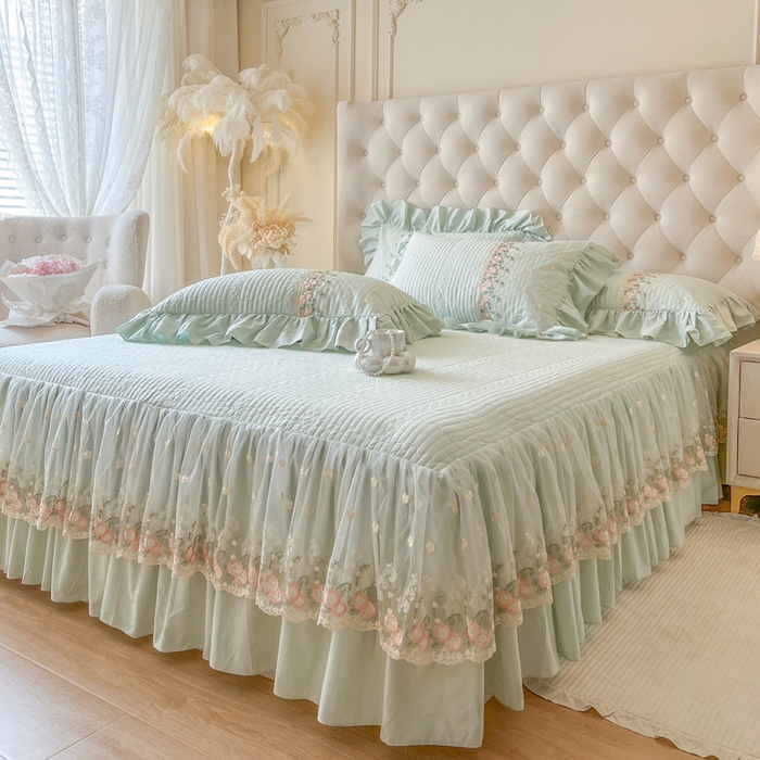 91家纺网 家纺一手货源 找家纺 瑞宝 2025新款全棉花边床裙四件套系列-落日甜茶（控价308起） 落日甜茶-青柠绿