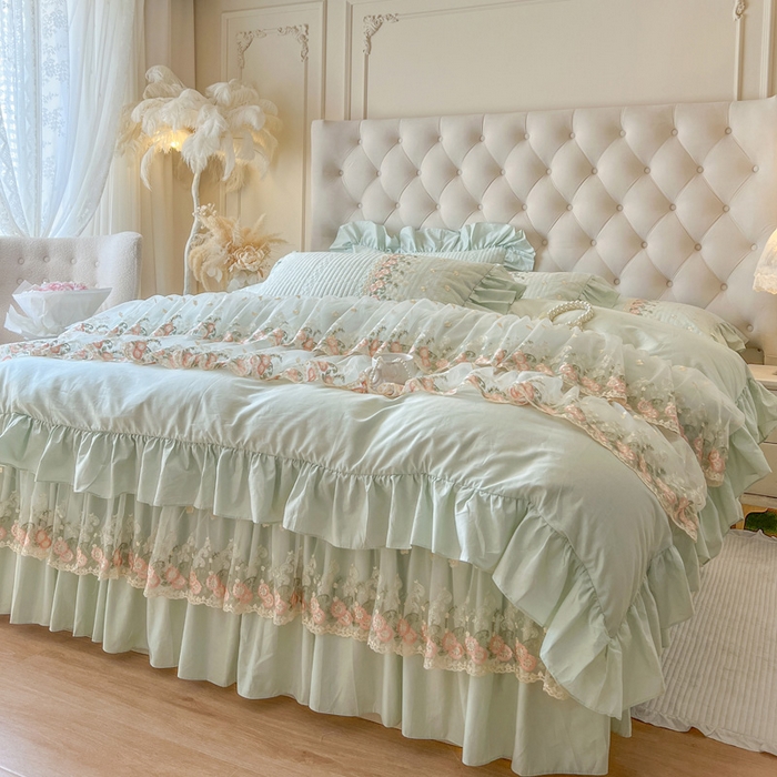 91家纺网 家纺一手货源 找家纺 瑞宝 2025新款全棉花边床裙四件套系列-落日甜茶（控价308起） 落日甜茶-青柠绿