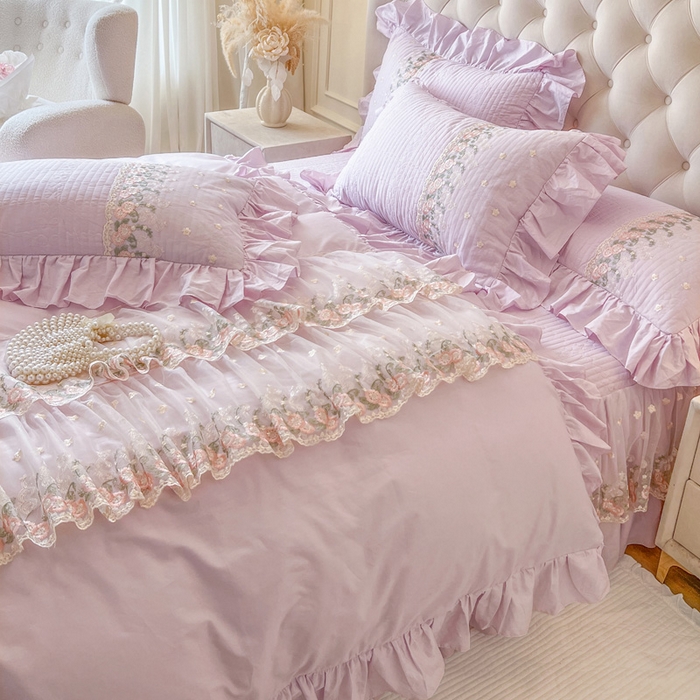 91家纺网 家纺一手货源 找家纺 瑞宝 2025新款全棉花边床裙四件套系列-落日甜茶（控价308起） 落日甜茶-甜紫