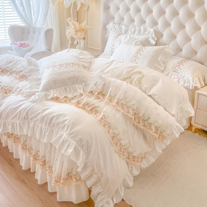 91家纺网 家纺一手货源 找家纺 瑞宝 2025新款全棉花边床裙四件套系列-落日甜茶（控价308起） 落日甜茶-奶油白