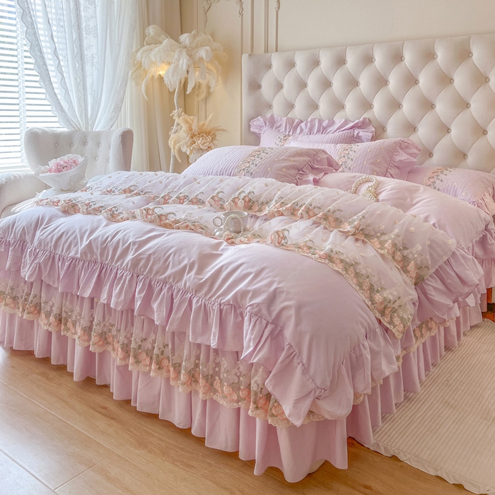 91家纺网 家纺一手货源 找家纺 瑞宝 2025新款全棉花边床裙四件套系列-落日甜茶（控价308起） 落日甜茶-甜紫