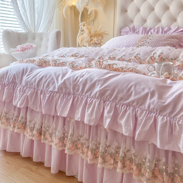 91家纺网 家纺一手货源 找家纺 瑞宝 2025新款全棉花边床裙四件套系列-落日甜茶（控价308起） 落日甜茶-甜紫